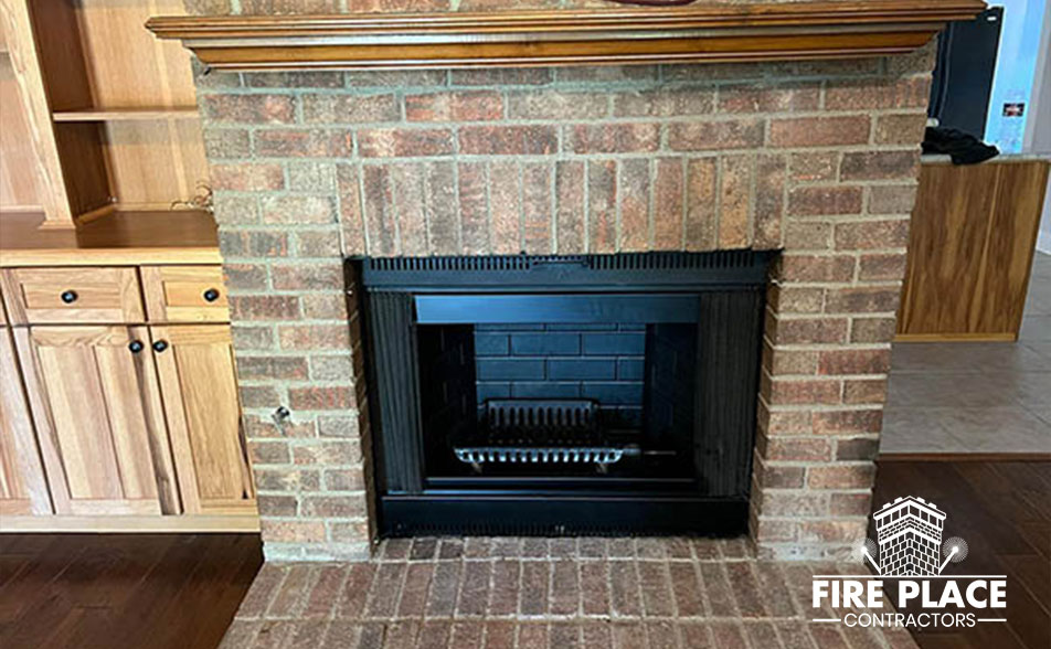 brick fireplace in living room 
